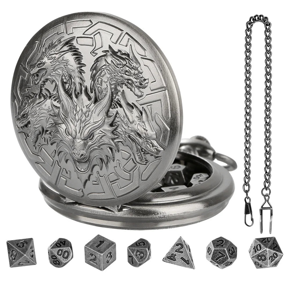 A silver steampunk dragon pocket watch dice case with seven small dice.