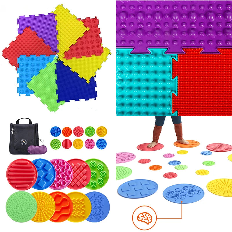 A colorful set of balance stepping stones for kids used for sensory and motor skills development.