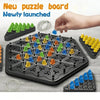 A new puzzle board game featuring triangle pieces in green, yellow, and blue colors is shown on a black board.