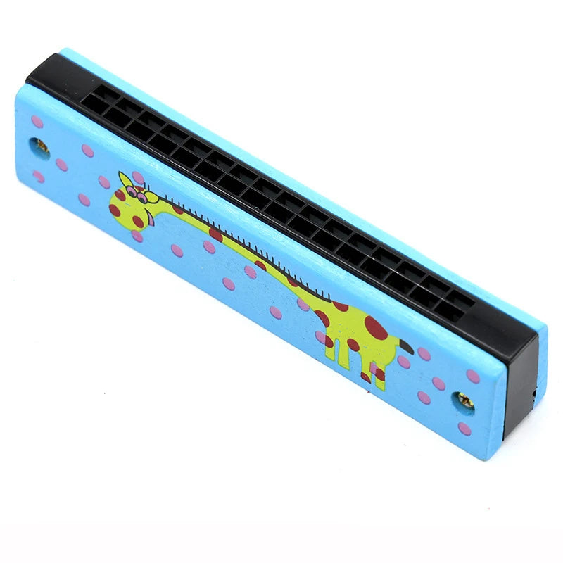 A light blue wooden harmonica with a yellow cartoon giraffe design and black accents.