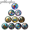 A collection of ten round glass cabochons featuring vibrant butterfly and floral designs for jewelry making.