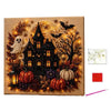A DIY diamond painting kit featuring a Halloween scene with a haunted house, pumpkins, and autumn foliage.