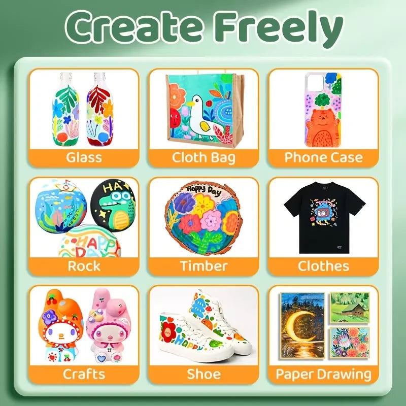 A variety of DIY art supplies including glass paint bottles, a cloth bag, a phone case, rock, timber, clothes, crafts, shoes,