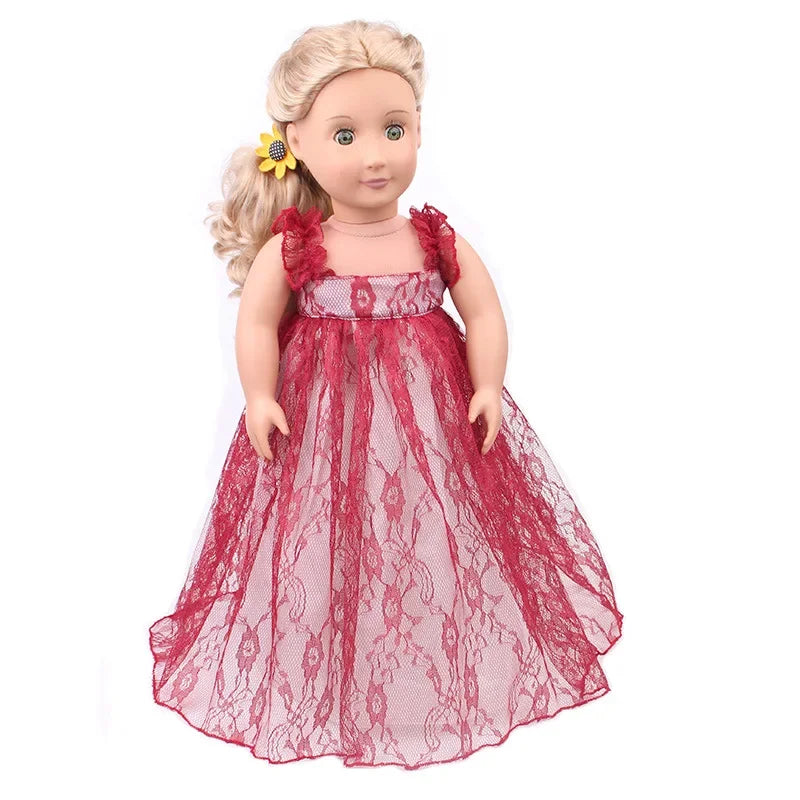 A blonde doll wearing a sheer red lace dress with a ruffled collar and a yellow flower accessory.