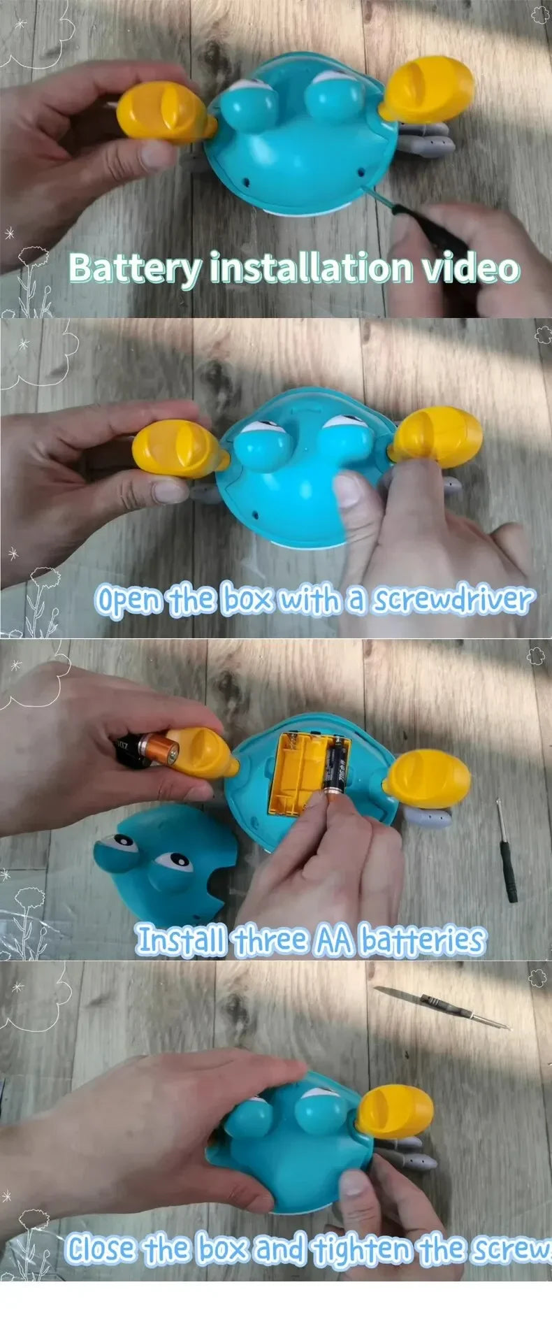 A video sequence showing the battery installation and assembly of an interactive music crab toy.