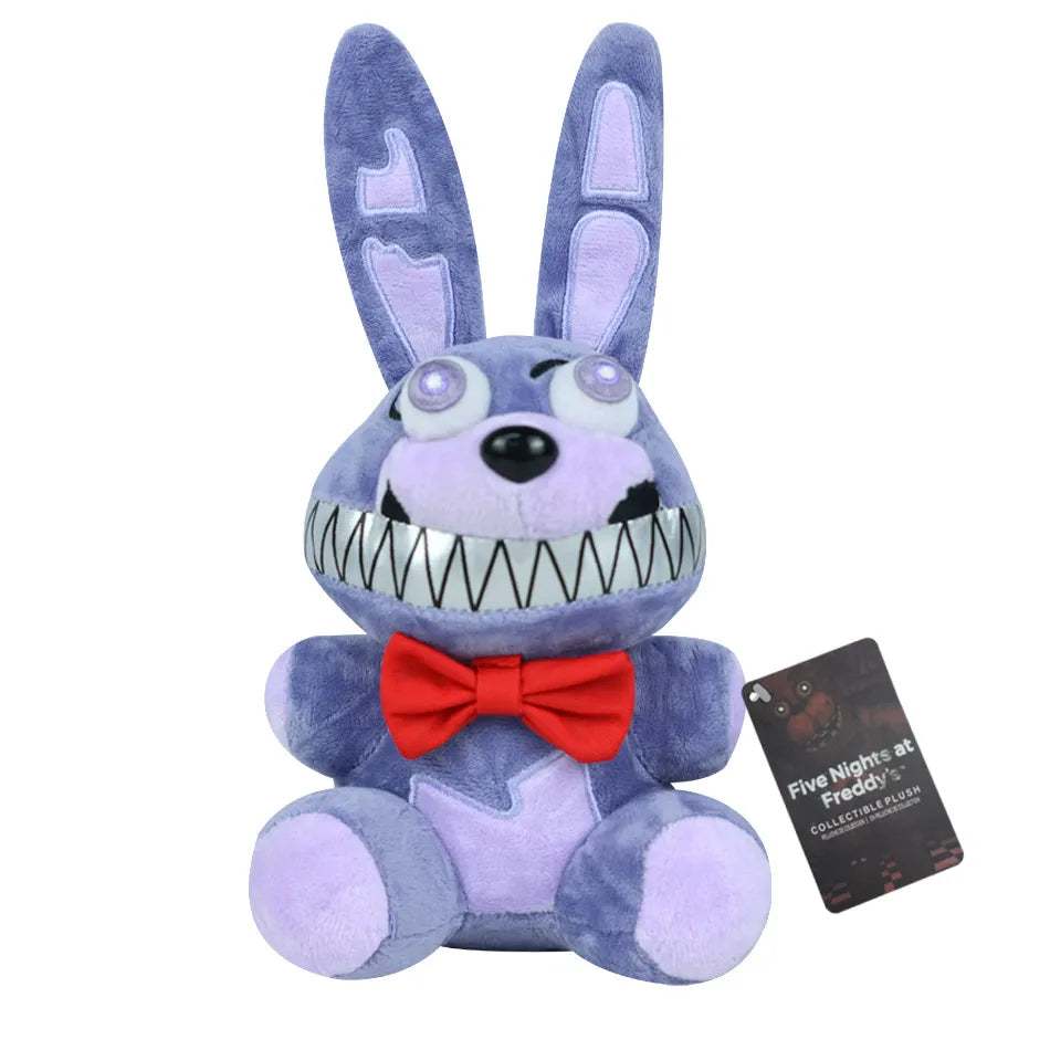 A purple plush toy resembling a rabbit character with large ears and a stitched mouth.
