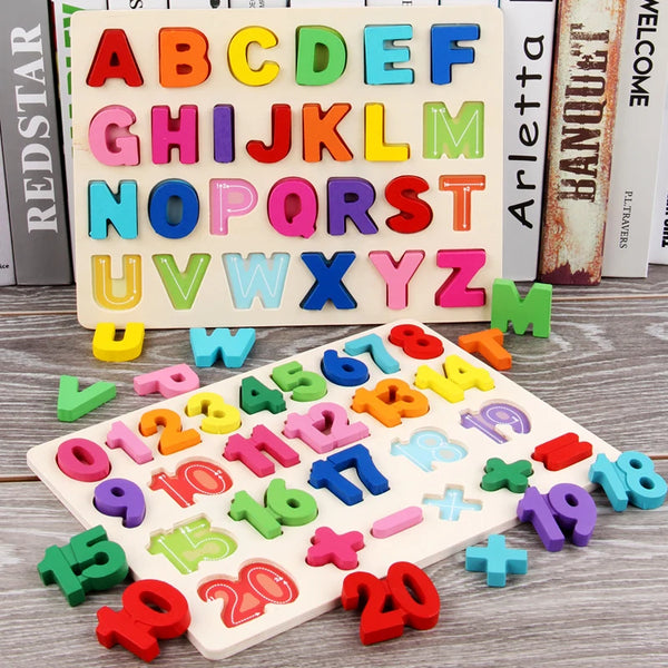 A wooden alphabet and number matching puzzle featuring colorful letters and numbers for toddlers.