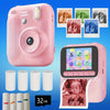 A pink instant print camera is shown with film rolls and a printed photo of a child.