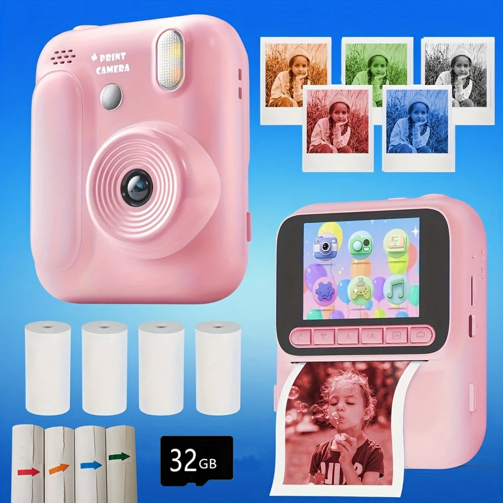 A pink instant print camera is shown with film rolls and a printed photo of a child.