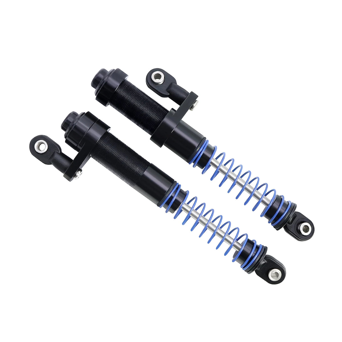 Black adjustable aluminum shock absorbers with blue springs for RC crawlers