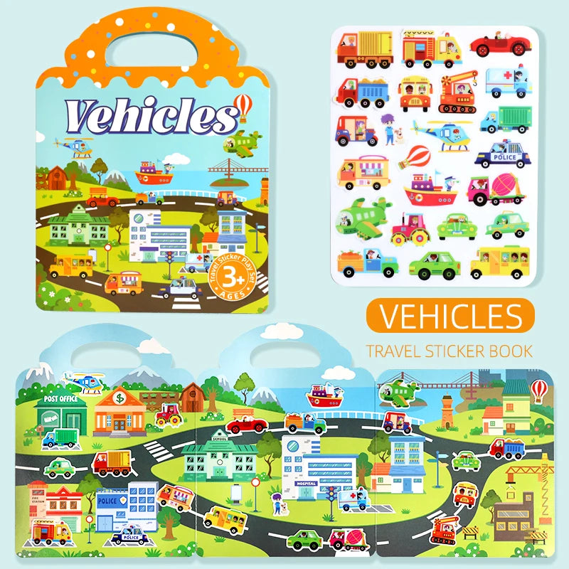 A travel sticker book featuring various vehicles like cars trucks and boats for kids