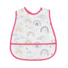 A white baby bib with a colorful rainbow and cloud pattern on a pink trim.