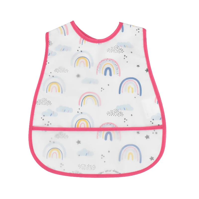 A white baby bib with a colorful rainbow and cloud pattern on a pink trim.