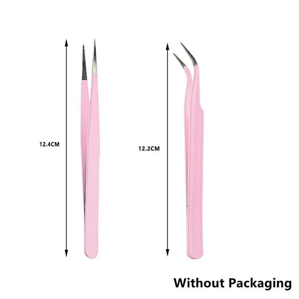 A pair of pink precision stainless steel tweezers shown vertically.