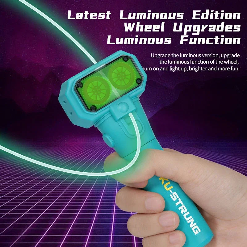 A hand holds a blue glow-in-the-dark string launcher with an upgraded luminous function.