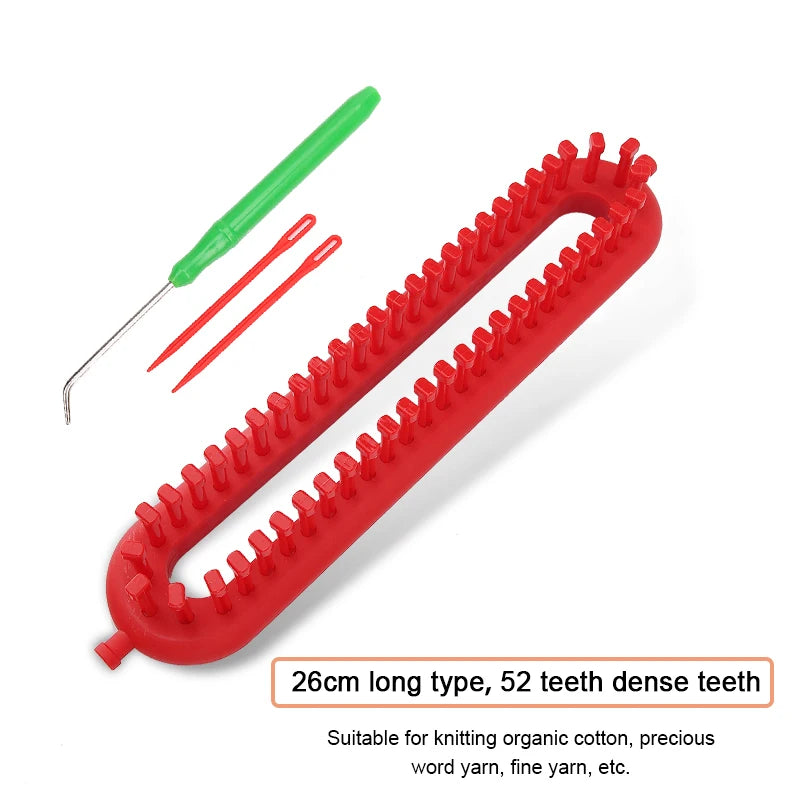 Red round knitting loom with a green hook and red knitting needles for yarn work