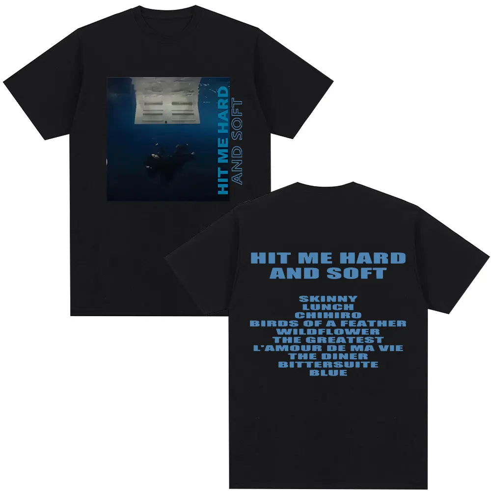Black t-shirt featuring the Hit Me Hard and Soft tour design on the front.