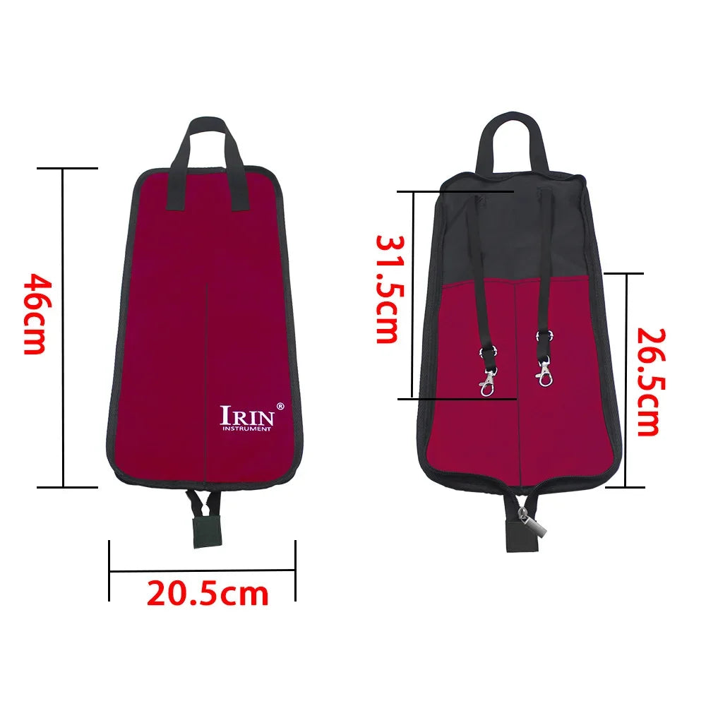 A maroon and black drumstick carrier bag with handles shown from the front and side views.
