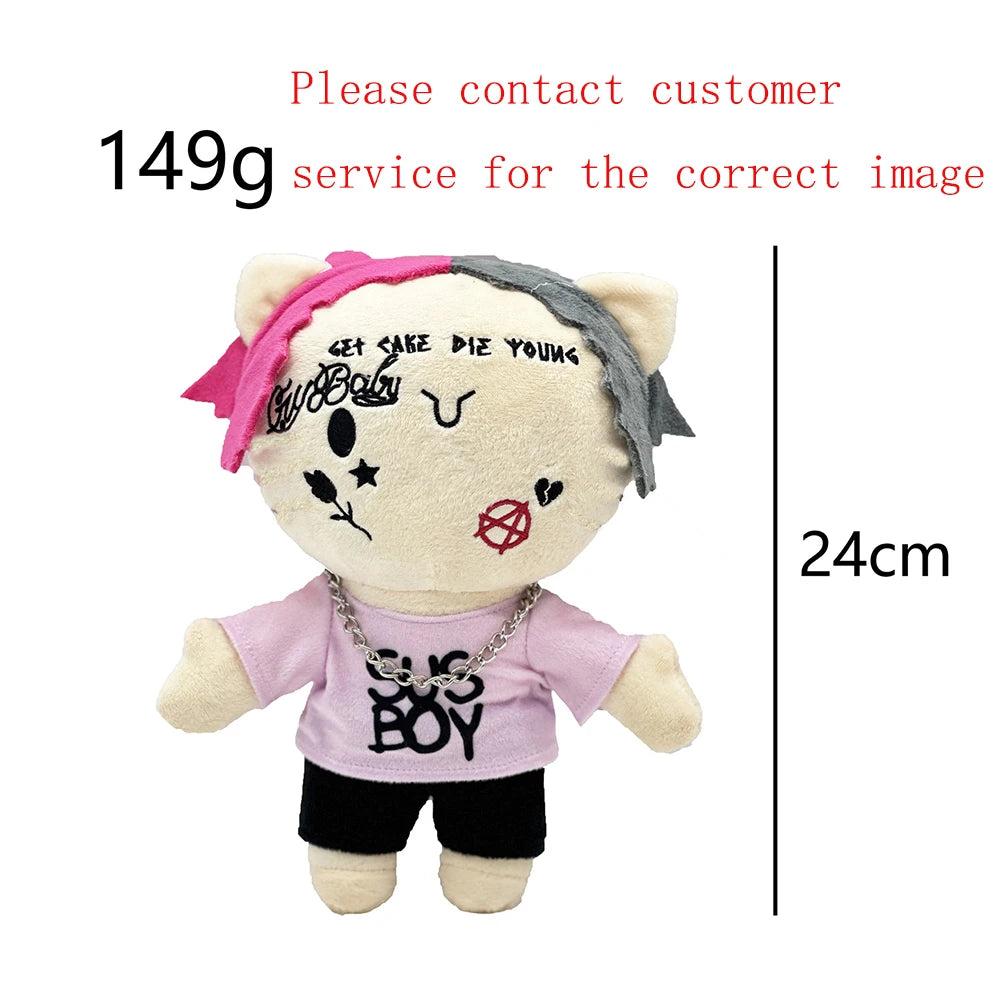 A plush doll with a light yellow body and pink accents, featuring text on the shirt.