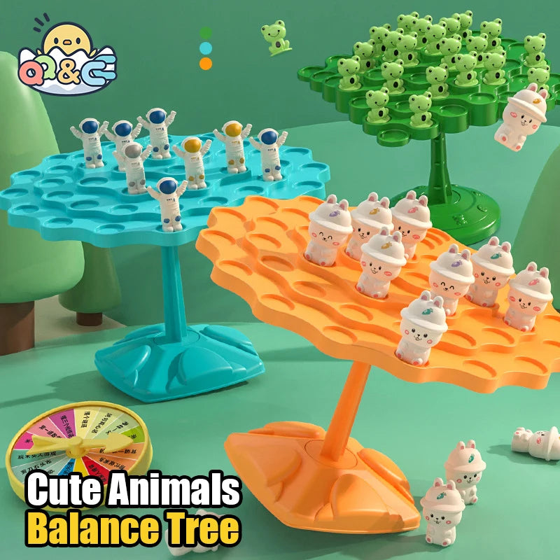 A colorful balance tree game featuring cute animals in various colors and shapes for kids.