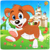 A brown and white dog is featured in a jigsaw puzzle, set against a green background with flowers.
