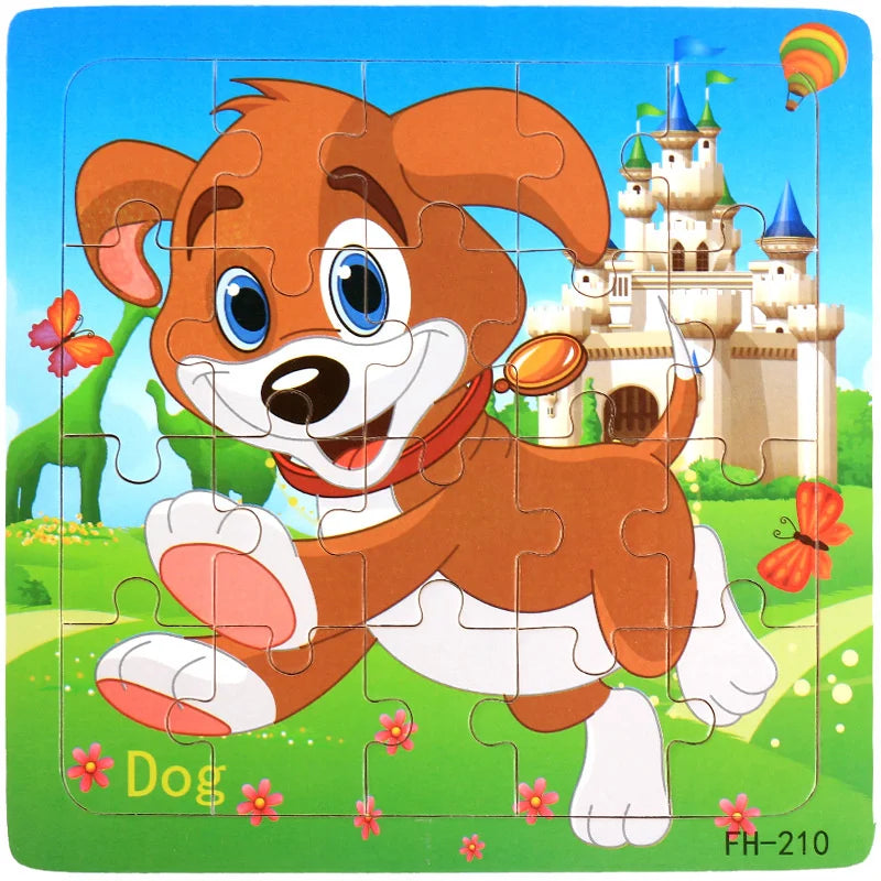 A brown and white dog is featured in a jigsaw puzzle, set against a green background with flowers.