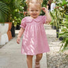 A toddler girl wearing a pink and white gingham A-line dress with a Peter Pan collar walking on a sidewalk in a garden.