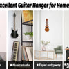 Wall-mounted guitar hanger displaying various stringed instruments in living room, studio, and entryway settings.