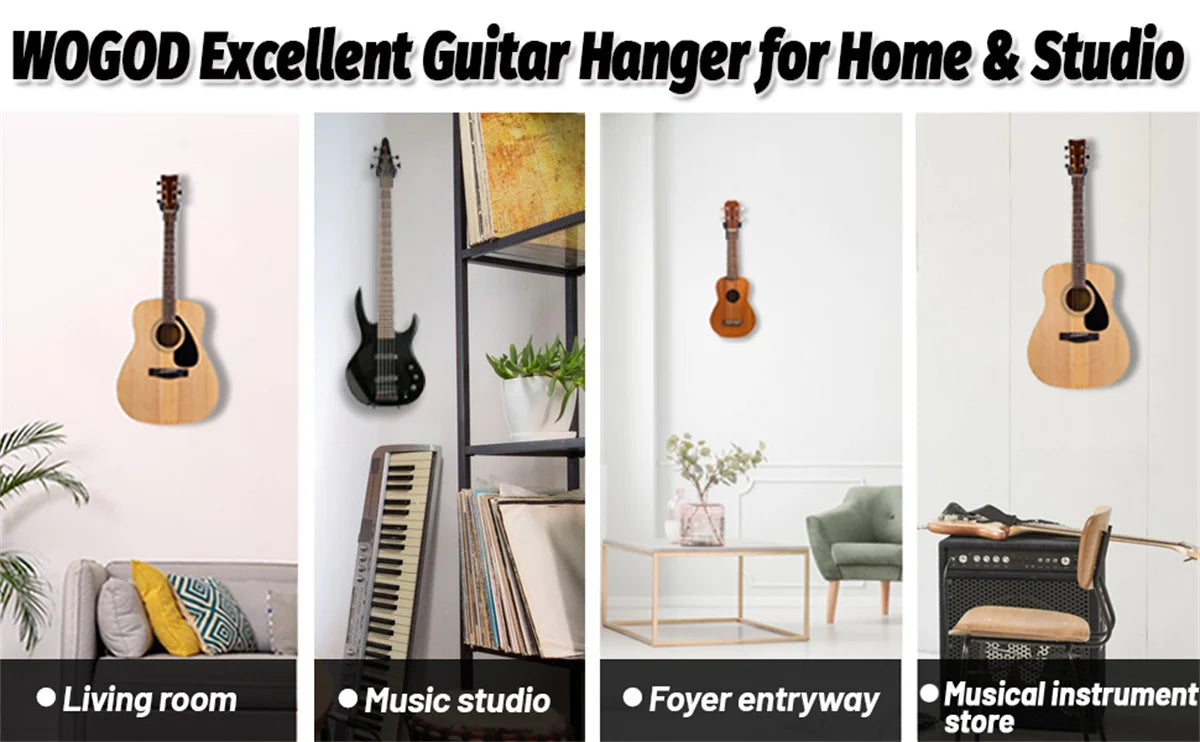 Wall-mounted guitar hanger displaying various stringed instruments in living room, studio, and entryway settings.