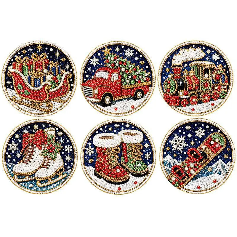 A set of six diamond painting ornaments featuring Christmas themes like a sleigh, a truck, and boots.