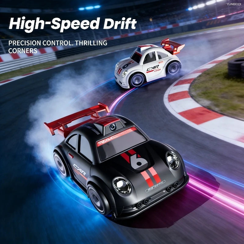 A black RC drift car is performing a high-speed drift on a racetrack, surrounded by blue and pink light trails.