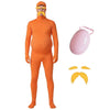 An orange full body spandex morph suit with a mustache and eyebrows, shown standing.