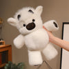 A hand is holding a white West Highland Calf plush toy, which resembles a running cow doll.