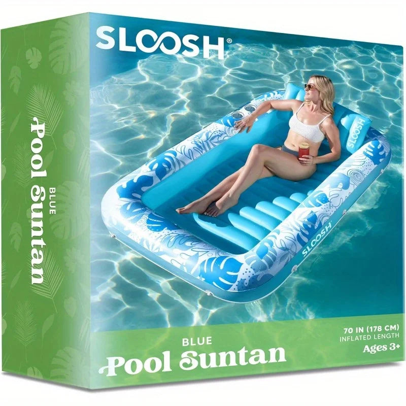 Blue Pool Suntan inflatable float with a woman relaxing in the water.