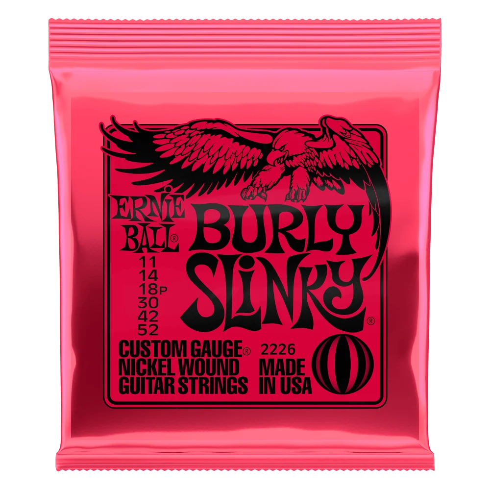 A pink foil package of Ernie Ball Slinky nickel wound electric guitar strings featuring an eagle design.