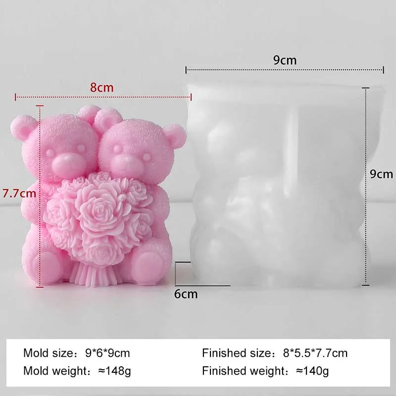 Pink rose bear silicone candle mold with a detailed flower design shown next to its finished size.