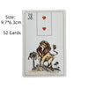 A Lenormand oracle card showing the number 38 with a heart symbol and an illustration of a dog standing near palm trees.