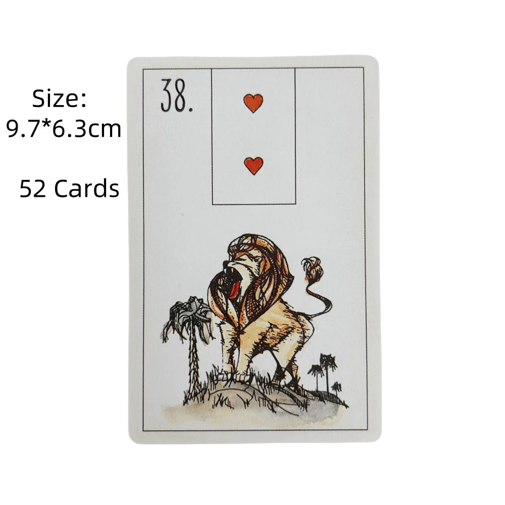 A Lenormand oracle card showing the number 38 with a heart symbol and an illustration of a dog standing near palm trees.