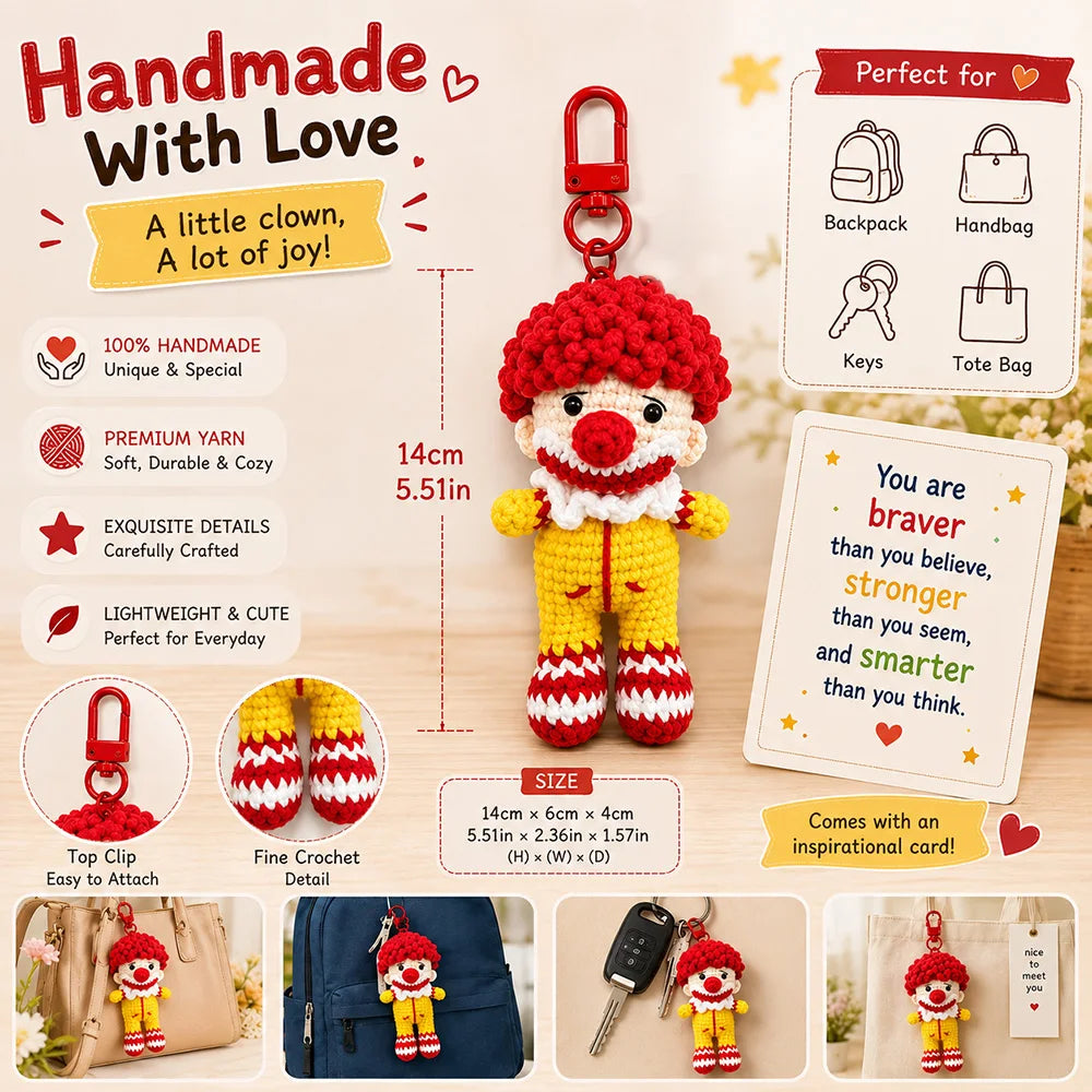 A handmade red crochet donkey doll with motivational card and accessories