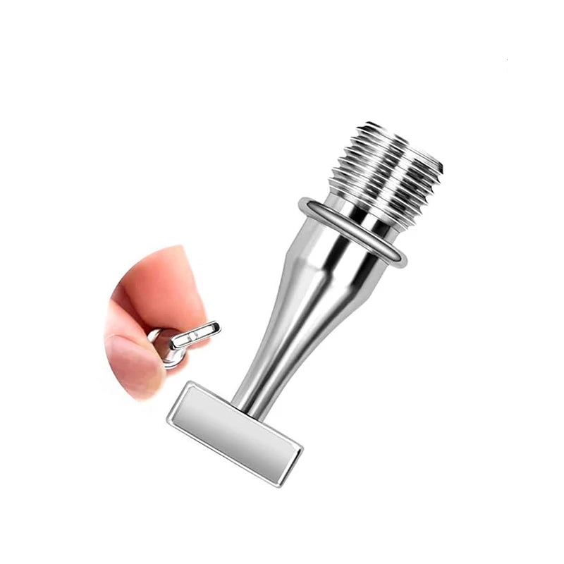 A stainless steel diamond painting pen with a threaded tip is held by a hand.