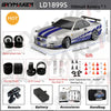 A 1/18 scale GTR R34 RC drift car with gyro stabilization and various accessories shown.