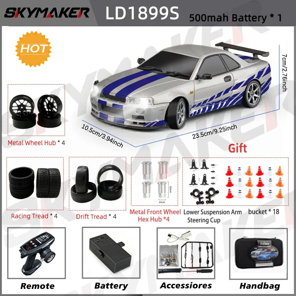 A 1/18 scale GTR R34 RC drift car with gyro stabilization and various accessories shown.