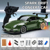 A green RC drift concept car is shown next to its remote control and various configuration parts.