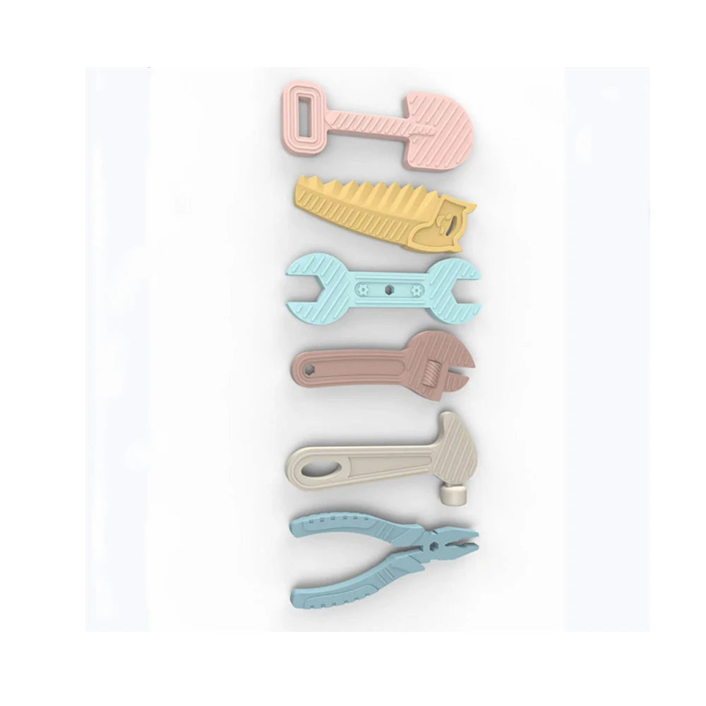 A set of silicone baby teether toys shaped like various tools, including a key, a knife, pliers, and a wrench.