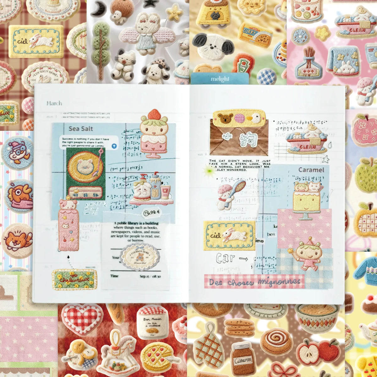 A page from a vintage embroidery sticker book showing various delicate stickers and illustrations for journaling