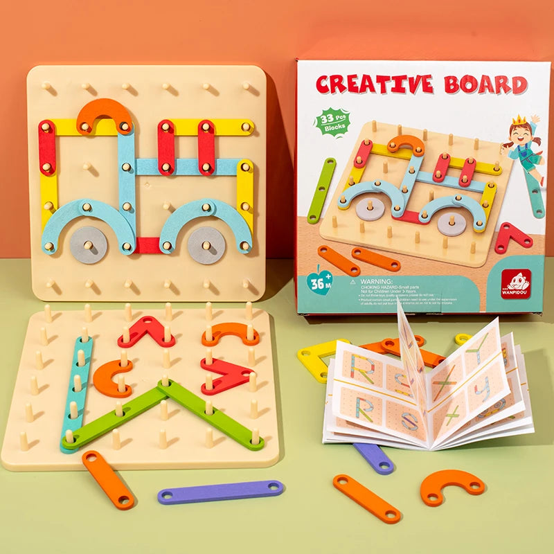 A set of wooden Montessori pegboard puzzles featuring colorful wooden pegs and boards for toddlers.