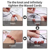 Step-by-step guide showing how to tie and tighten waxed cords to create a bracelet using silicone beads.