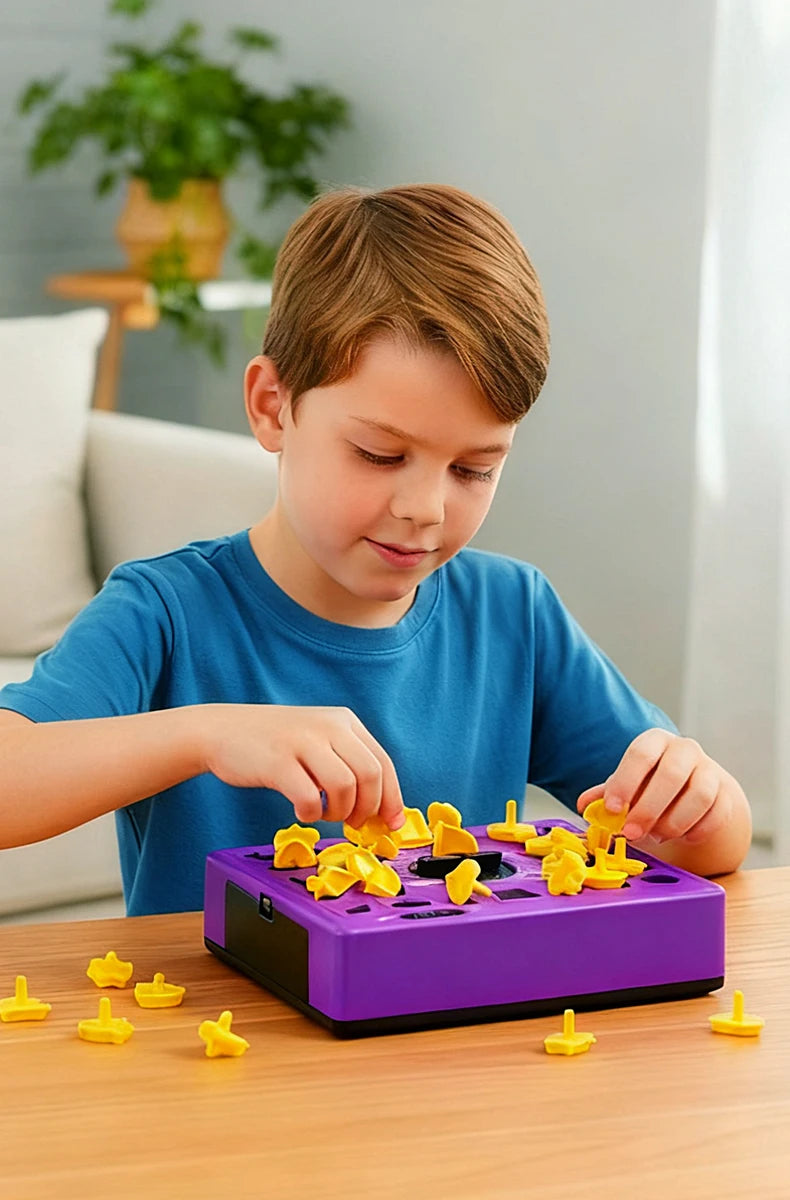 Un jeune garçon joue avec un puzzle 3D violet, assemblant des pièces en plastique jaune sur une table en bois.