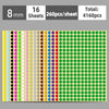 A sheet of round self-adhesive dot labels featuring multiple colors and sizes arranged in vertical strips.