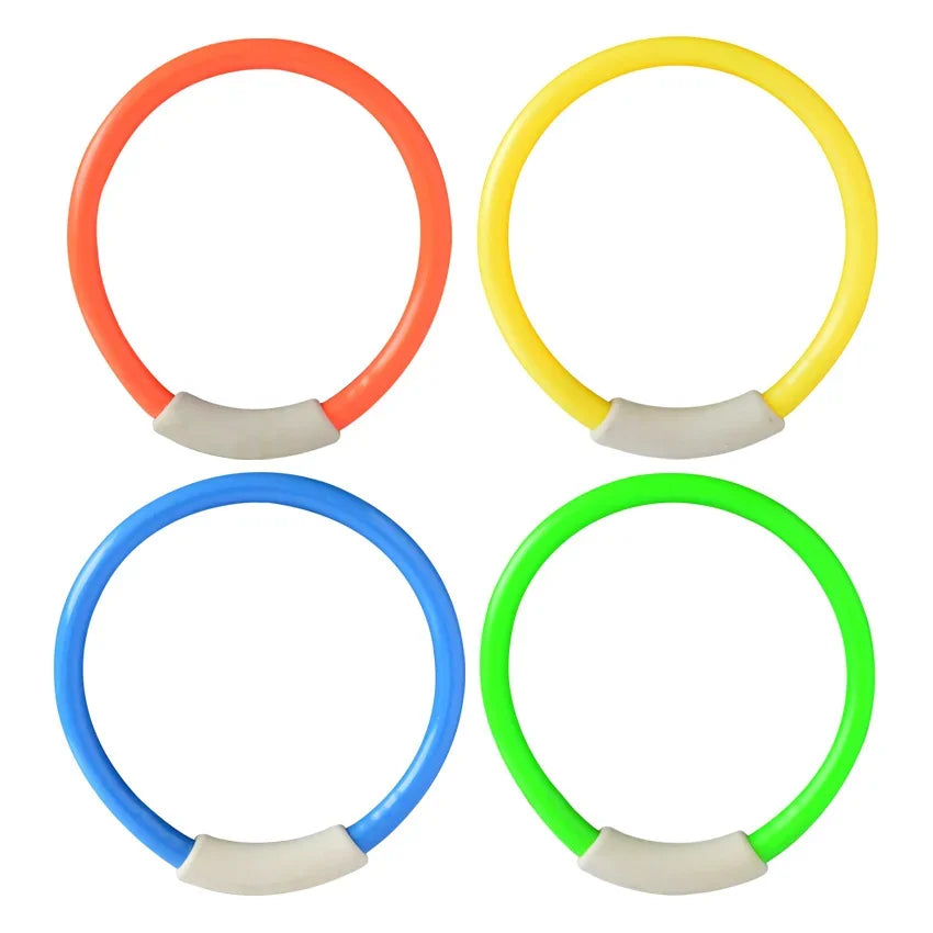 Four colored pool diving rings: orange, yellow, blue, and green.